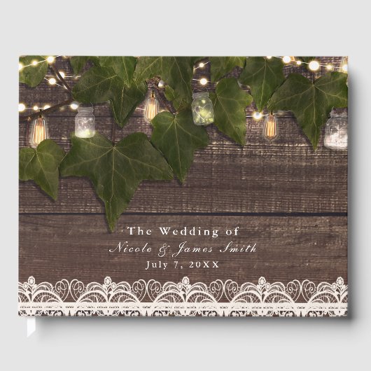 Ivy & String Lights Mason Pot Rustieke Bruiloft Gastenboek (Voorkant)