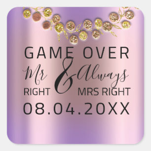 ìWedding Mr Right Mrs Right Game Over Wreath Vierkante Sticker