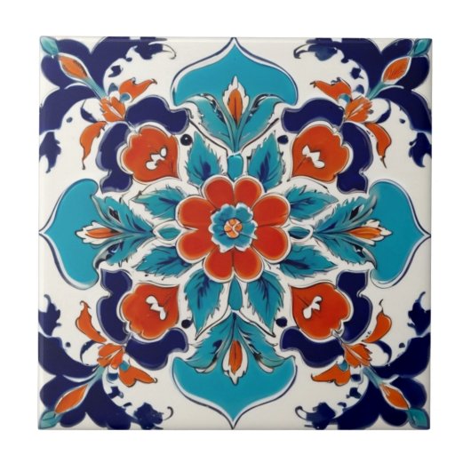 Iznik Turks Bloemen Rood Blauw Traditioneel Tegeltje (Voorkant)