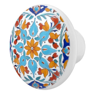 Iznik Turks Sinaasappel Rood Turkoois Blauw Bloeme Keramische Knop