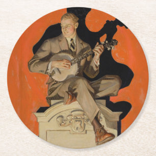 J.C. Leyendecker Banjo Speler 1920 Art Deco Kunst Ronde Kartonnen Onderzetter
