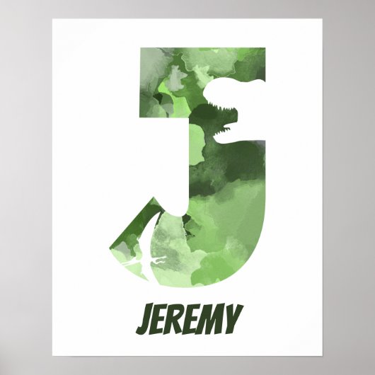 "J" Dinosaur Waterverf Green Child's Name Poster (Voorkant)
