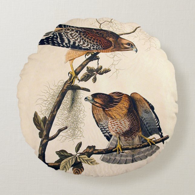 J.J. Audubon (Red Shoulded Hawk) (1829) Rond Kussen (Voorkant)