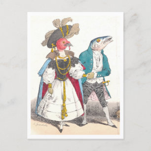 J.J. Grandville Illustratie van Vogel en Vis Briefkaart