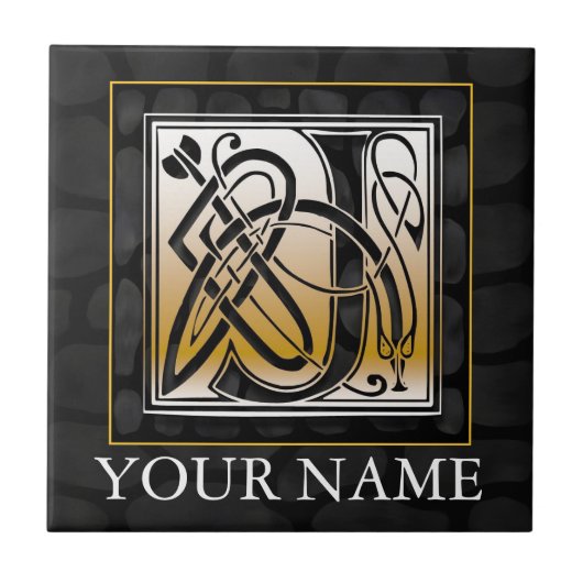 J "Jouw naam" Celtic Black Stone Monogram Tile Tegeltje (Voorkant)