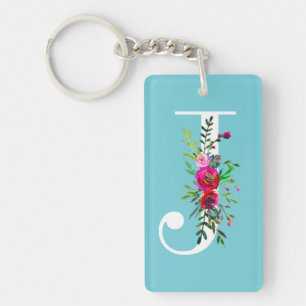 J Letter Initiële Monogram Bloem Kleur op Maat Sleutelhanger