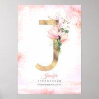 J Letter Monogram Gouden Bladeren Roze Magnolia Bl