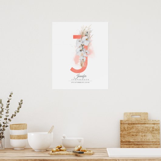 J Letter Monogram Witte Orchideeën en Pampagras Poster (Keuken)