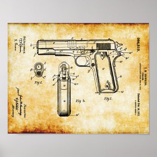 J.M Browning M1911 Pistol Patent Poster (Voorkant)