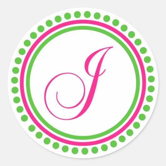 J Monogram (Hot Pink / Green Dot Circle) Ronde Sticker (Voorkant)