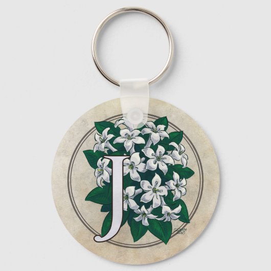 J voor Jasmine Flower Monogram Sleutelhanger (Voorkant)