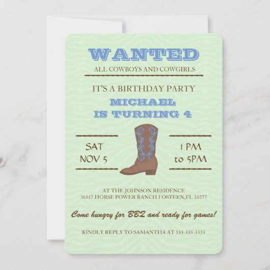 Ja! Blue Cowboy Birthday Party Invitation Kaart (Voorkant)