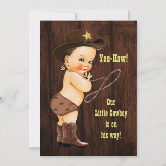 Ja-Haw! Brunette Cowboy Rustic Baby shower Kaart (Voorkant)