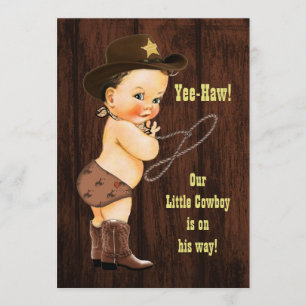 Ja-Haw! Brunette Cowboy Rustic Baby shower Kaart
