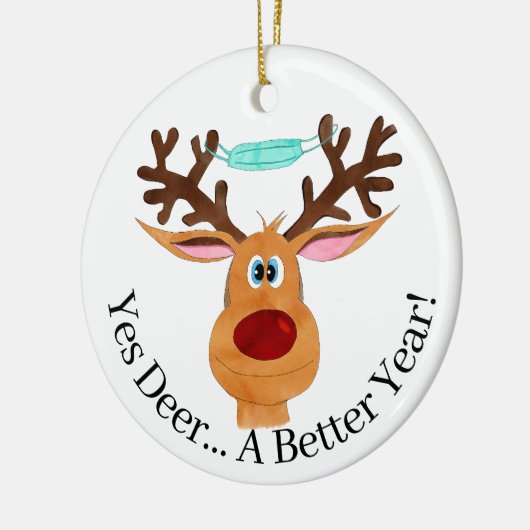 Ja hert ... Rudolph de rendier met mondmasker Keramisch Ornament (Links)