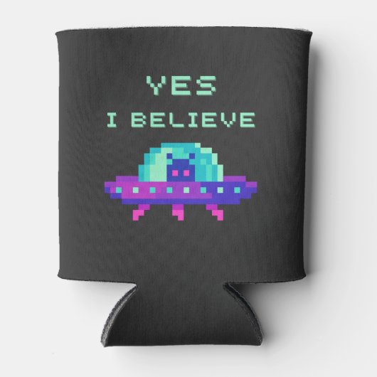 Ja ik geloof Alien Flying UFO Ruimteschip Pixel Ar Blikjeskoeler (Voorkant)