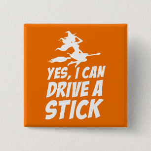 Ja, ik kan een stok rijden, heks op bruin Hallowee Vierkante Button 5,1 Cm