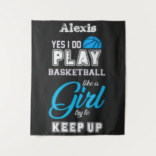 Ja, ik speel Basketball als een meisje blauw Wandkleed