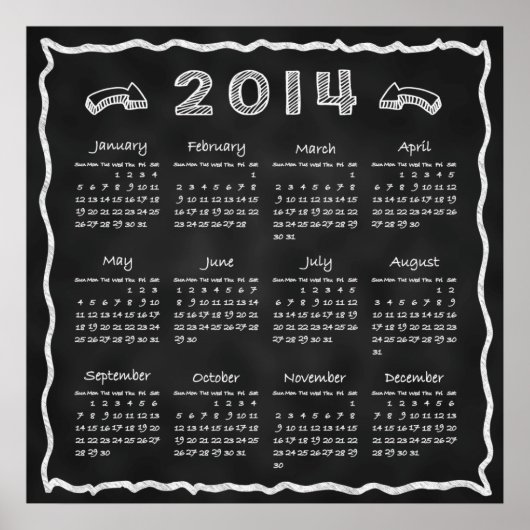 Jaar 2014 Blackboard Kalender Poster (Voorkant)