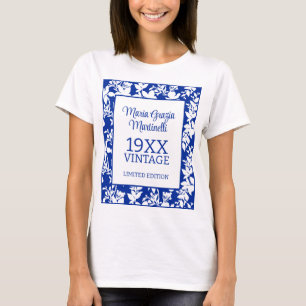 Jaar Chique Blauw Wit Bloemen Verjaardag T-shirt