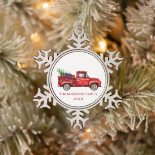 jaar kerstboom met rode vrachtwagen met cadeautje tin sneeuwvlok ornament