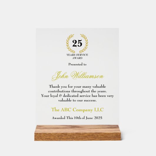 Jaar Services Award Acryl Bord (Voorkant)