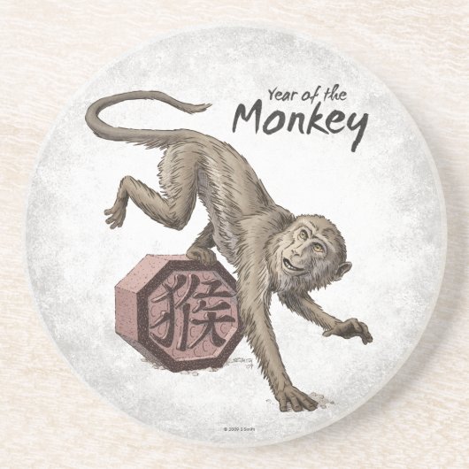 Jaar van de Chinese Zodiac Kunst in Monkey Zandsteen Onderzetter (Voorkant)