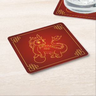 Jaar van de Draak 2024 Chinese Zodiac Vierkante Kartonnen Onderzetter