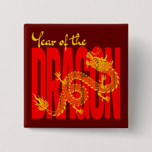 Jaar van de Draak Rood Goud Vierkante Button 5,1 Cm