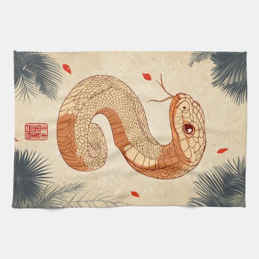 Jaar van de Slang Majestic Cobra Dubbel Geluk Theedoek (Horizontaal)