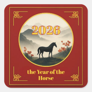 Jaar van het Paard 2026 Chinees Nieuwjaar Berg Vierkante Sticker