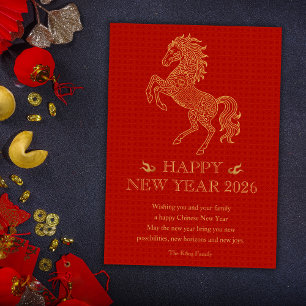 Jaar van het Paard Rood Chinees Nieuwjaar 2026 Feestdagenkaart