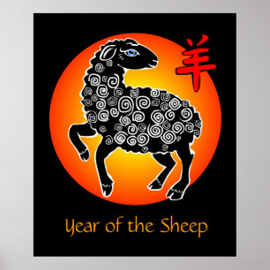 Jaar van het Schapendier Chinees Zodiac Black Red Poster