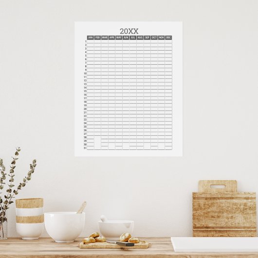 Jaarlijkse Kalender -- Grijs Witte Doelenplanner Poster (Keuken)