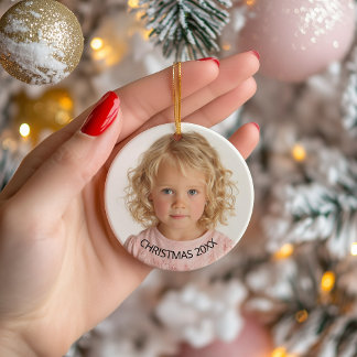 Jaarlijkse Kerstfoto Zwarte Tekst Keramisch Ornament