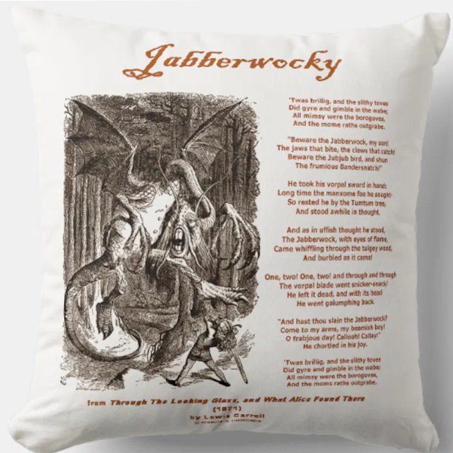 Jabberwocky Poem van Lewis Carroll (Zwarte Adder) Kussen (Lewis Carroll Jabberwocky poem & John Tenniel drawing on this Wonderland attitude throw pillow)