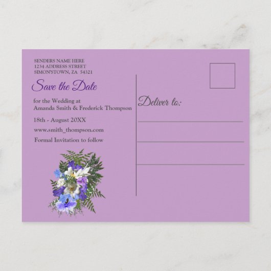 Jacaranda Blooms en Lily Bouquet redden de Dates Aankondigingskaart (Achterkant)