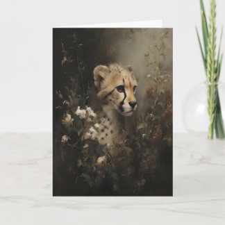 Jachtluipaard in wilde bloemen Vintage olieverfsch Kaart