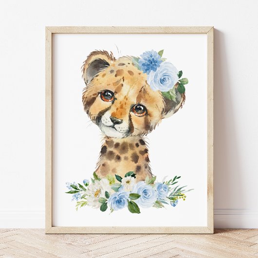 Jachtluipaard, Safari, Jungle, Blauwe Bloemen, Jon Poster