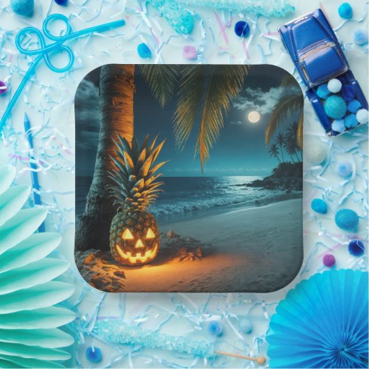 Jack-o-lantern ananas op een strand papieren bordje (Feest)