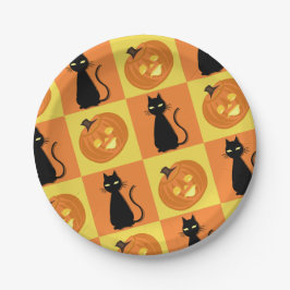 Jack-o’-lantern and cat paper plates. papieren bordje