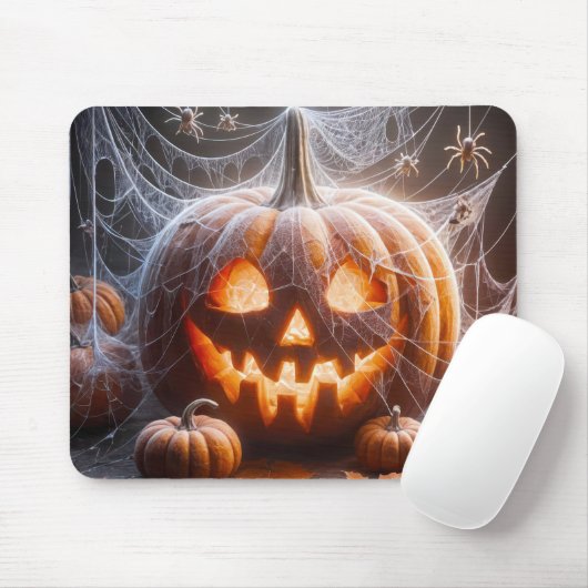 Jack-o-lantern bedekt met spinnenwebben muismat (Met muis)