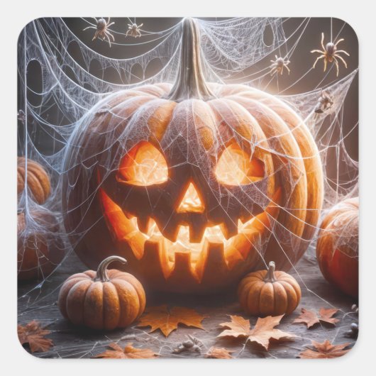 Jack-o-lantern bedekt met spinnenwebben vierkante sticker (Voorkant)