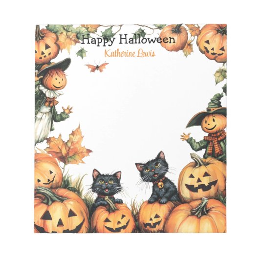 Jack o Lantern, Black Cats en Scarecrow Halloween Notitieblok (Voorkant)
