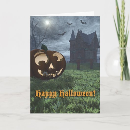 Jack-O-Lantern en Haunted House Halloween Kaart (Voorkant)