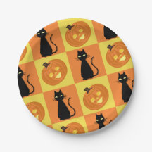 Jack-o'-lantern en kat papieren borden.