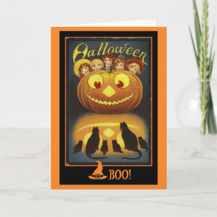 Jack o' Lantern en Zwarte Katten Vintage Halloween Kaart