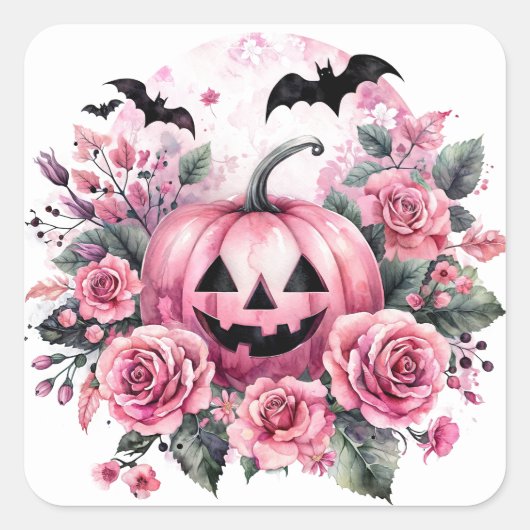 Jack-o-Lantern met roze rozen en vleermuizen Vierkante Sticker (Voorkant)