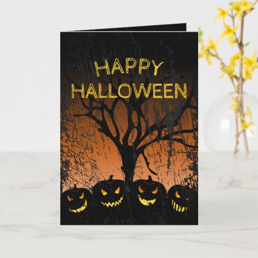 Jack-o-lantern Spooky Tree Halloween Kaart (Gele Bloem)