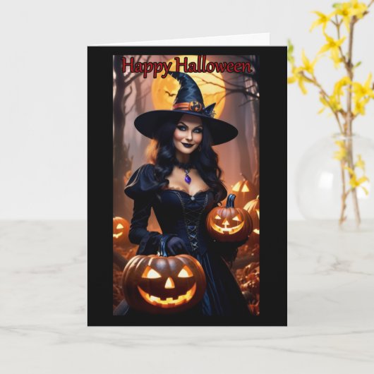 Jack-O-Lantern Witch Halloween Kaart (Gele Bloem)